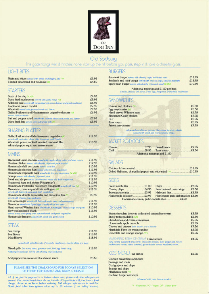 Menus - Dog Inn Old Sodbury